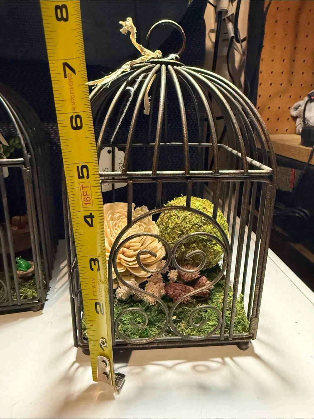 Decorative Black Metal Birdcage with Natural Moss and Wood Flower Accent